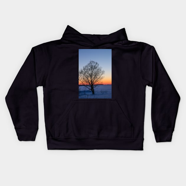 Sunset winter landscape with snow-covered road in violet and pink colors Kids Hoodie by Olga Berlet